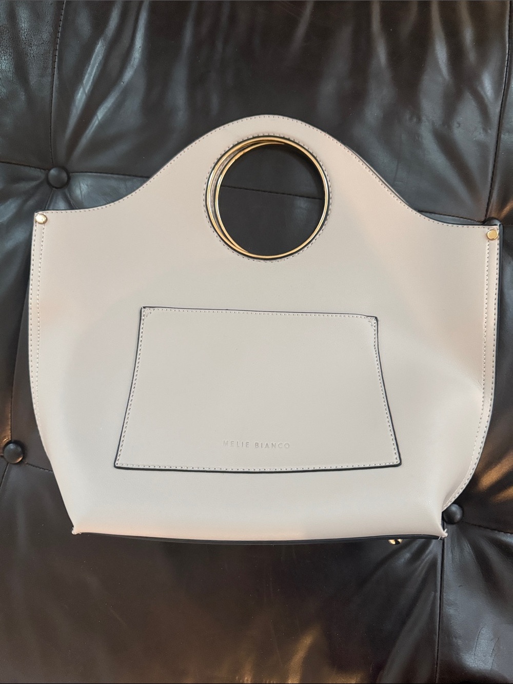 Melie Biiano Taupe/Cream Circle-Handle Tote with Gold Trim